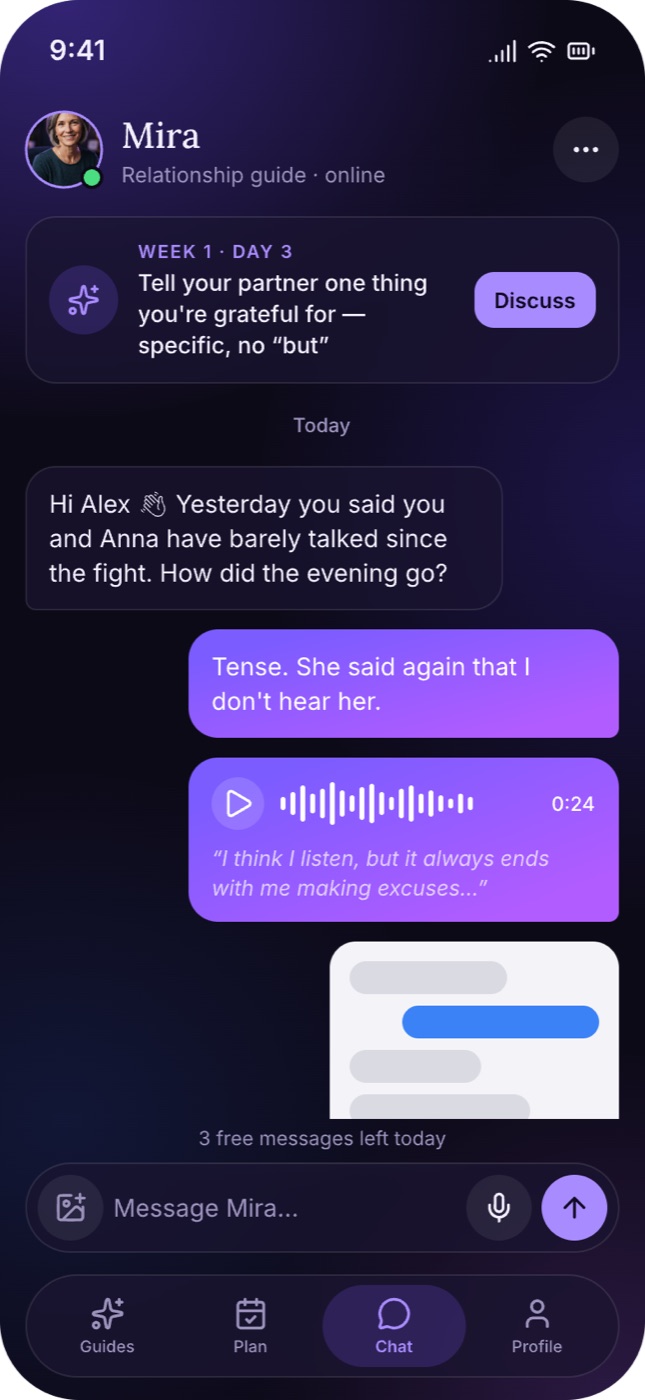 Chat with Mira: today’s plan task, a voice note and a shared chat screenshot